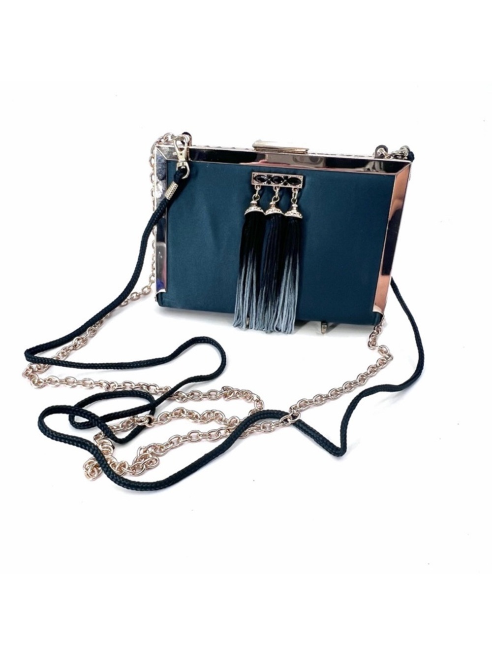 Kate Landry Green & Gold Toned Tassel Box Clutch Bag Cross Body Evening Handbag